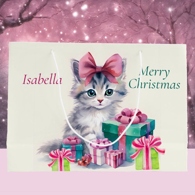 Sweet Christmas Kitten Big Pink Bow Add Name (Skapare uppladdad)