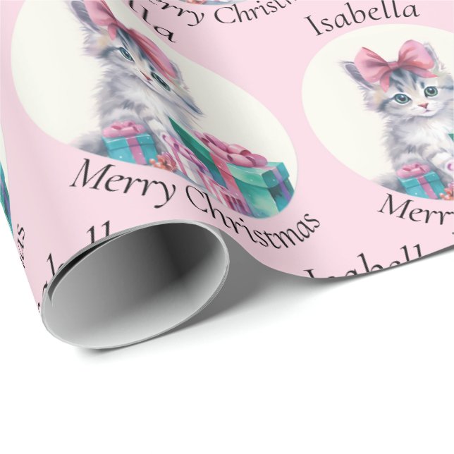 Sweet Christmas Kitten Big Pink Bow Add Name Presentpapper (Rullad Hörn)
