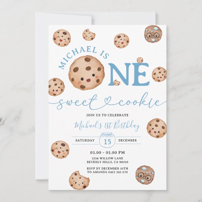 Sweet Cookie Boy First Birthday Blue Gingham Burk Inbjudningar (Framsida)