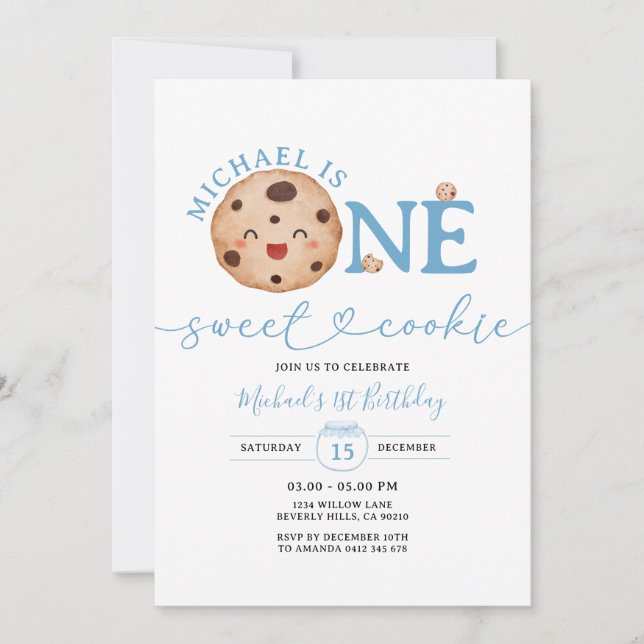 Sweet Cookie Boy First Birthday Blue Gingham Burk Inbjudningar (Framsida)