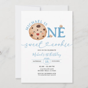 Sweet Cookie Boy First Birthday Blue Gingham Burk Inbjudningar