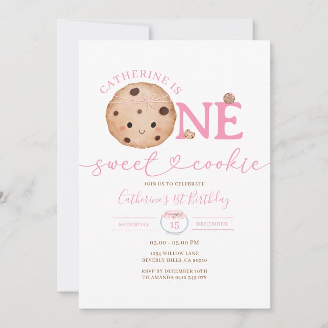 Sweet Cookie Girl First Birthday Rosa Gingham Burk Inbjudningar (Framsida)