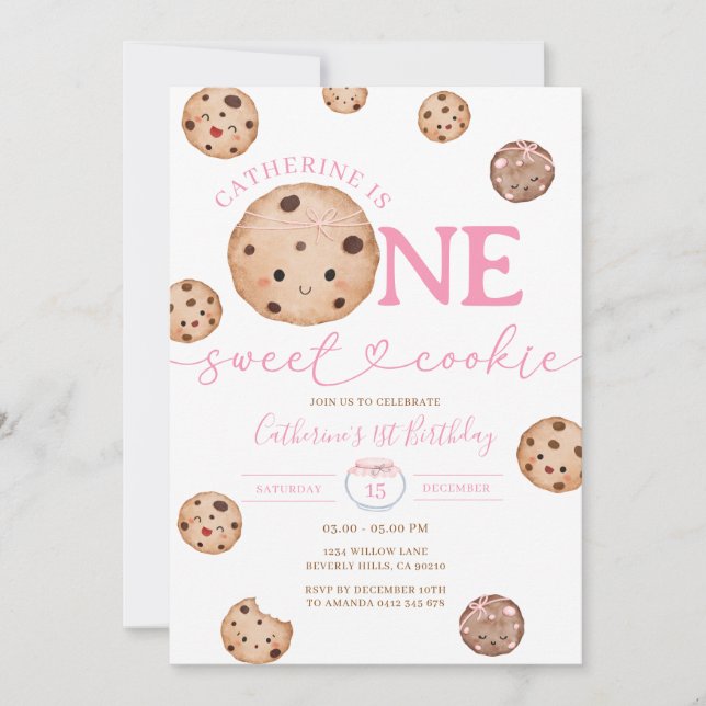 Sweet Cookie Girl First Birthday Rosa Gingham Burk Inbjudningar (Framsida)