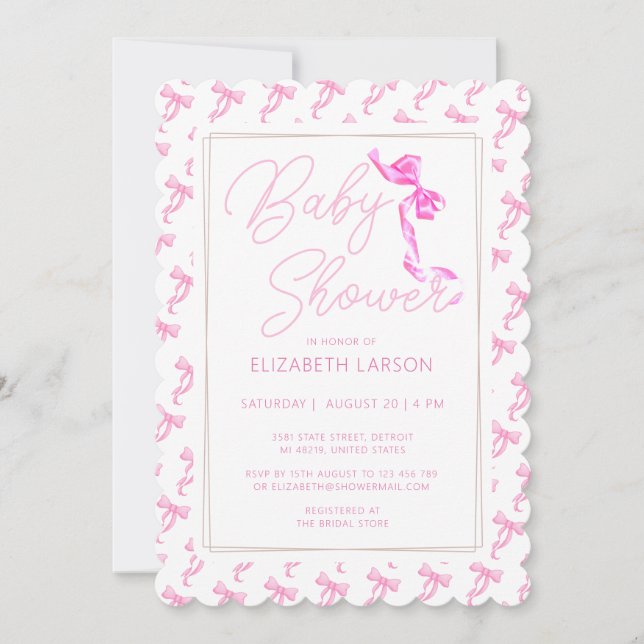 Sweet Coquette Rosa Bow Tie Elegant Baby Shower Inbjudningar (Framsida)