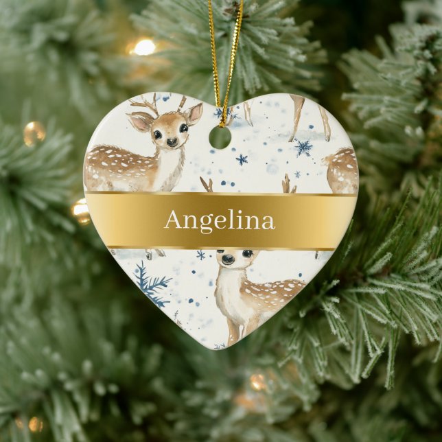 Sweet Deer Snowflakes Gold Ribbon Christmas Julgransprydnad Keramik (Träd)