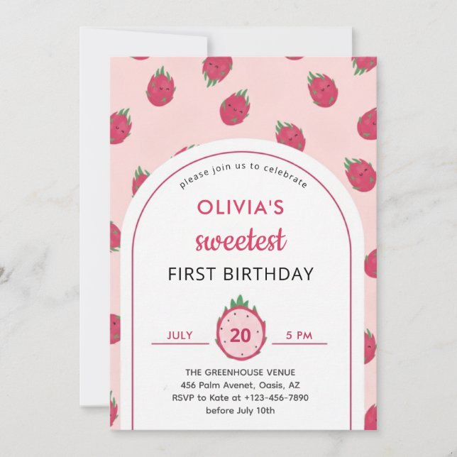 Sweet Dragon Fruit First Birthday Invitation Inbjudningar (Framsida)
