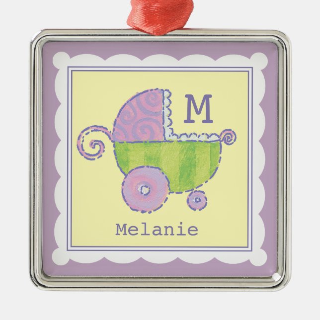 Sweet Dreams Baby Carriage Lavender Monogrammed Julgransprydnad Metall (Framsidan)