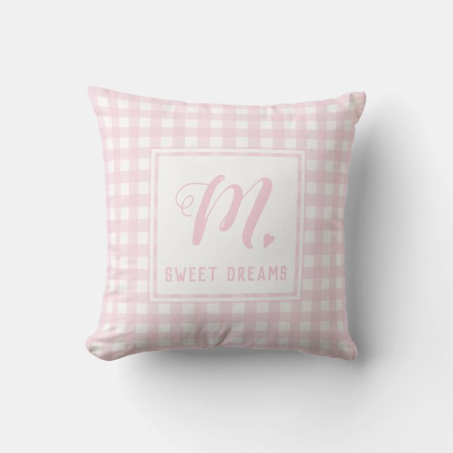 Sweet Dreams Baby Rosa Medium Gingham Monogram Kudde (Framsida)