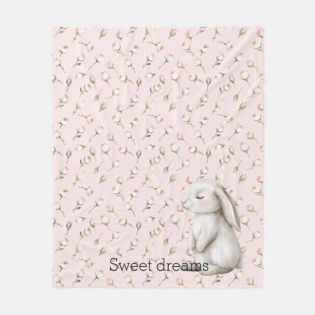 Sweet Dreams Bunny Rabbit Ro Rosa Blommigt Fleecefilt (Framsidan)