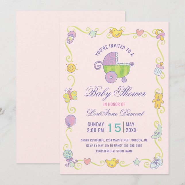 Sweet Dreams Carriage Rosa Baby Shower Inbjudningar (Fram/baksida)