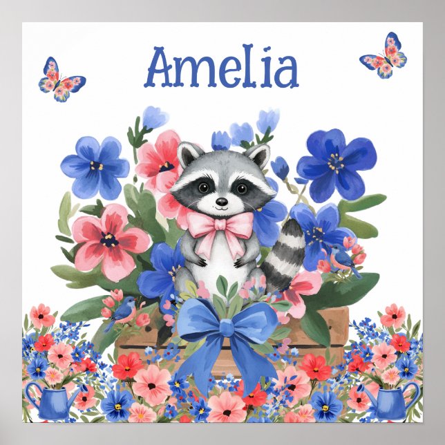 Sweet Dreams Floral Baby Raccoon & Child's Name  Poster (Framsidan)