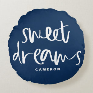 Sweet Dreams Hand Lettering Navy Blue Anpassningsb Rund Kudde