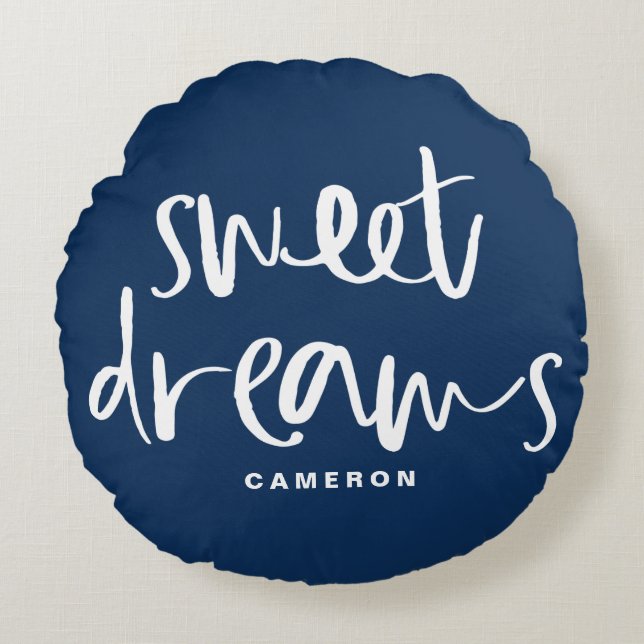 Sweet Dreams Hand Lettering Navy Blue Anpassningsb Rund Kudde (Framsidan)