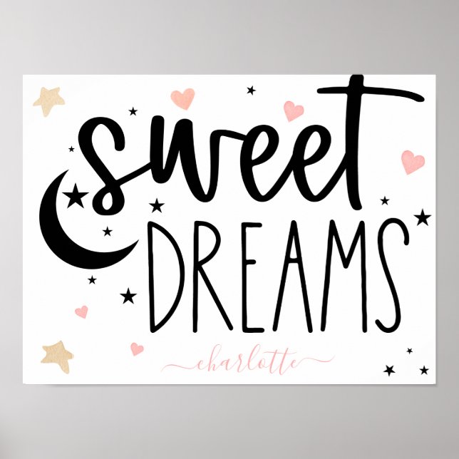 Sweet Dreams Hearts Stars Rosa Girly Poster (Framsidan)