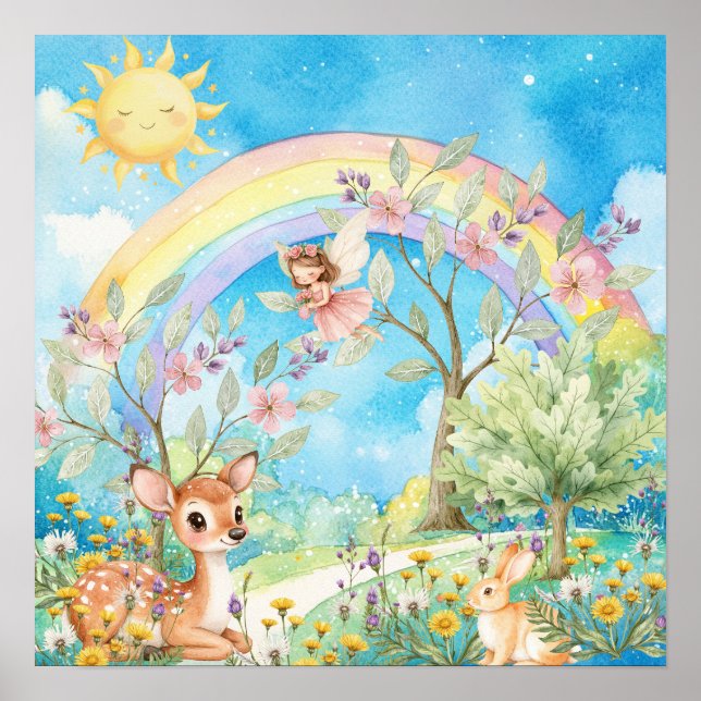 Sweet Dreams Rainbow Deer & Rabbit Nursery  Poster (Framsidan)