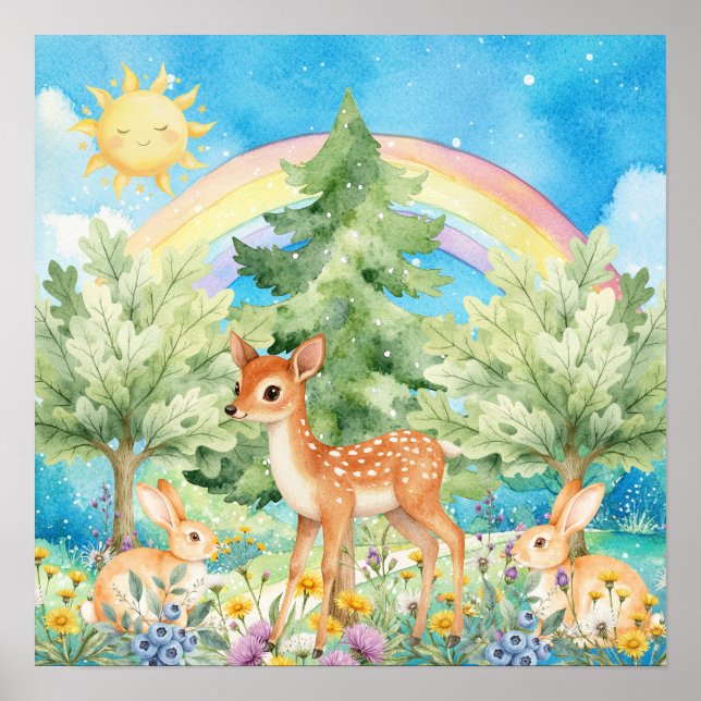 Sweet Dreams Rainbow Deer & Rabbits Nursery  Poster (Framsidan)