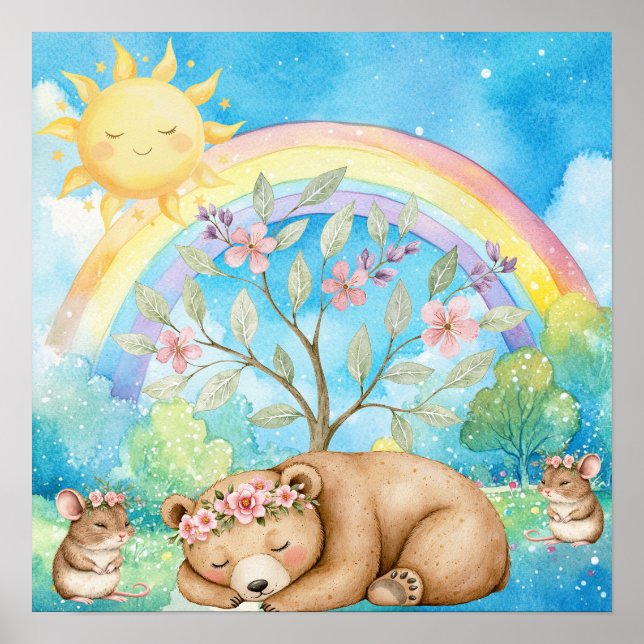 Sweet Dreams Rainbow Sleepy Bear & Mice Nursery  Poster (Framsidan)