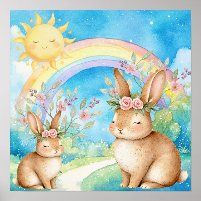 Sweet Dreams Rainbow Sleepy Rabbits Nursery  Poster (Framsidan)
