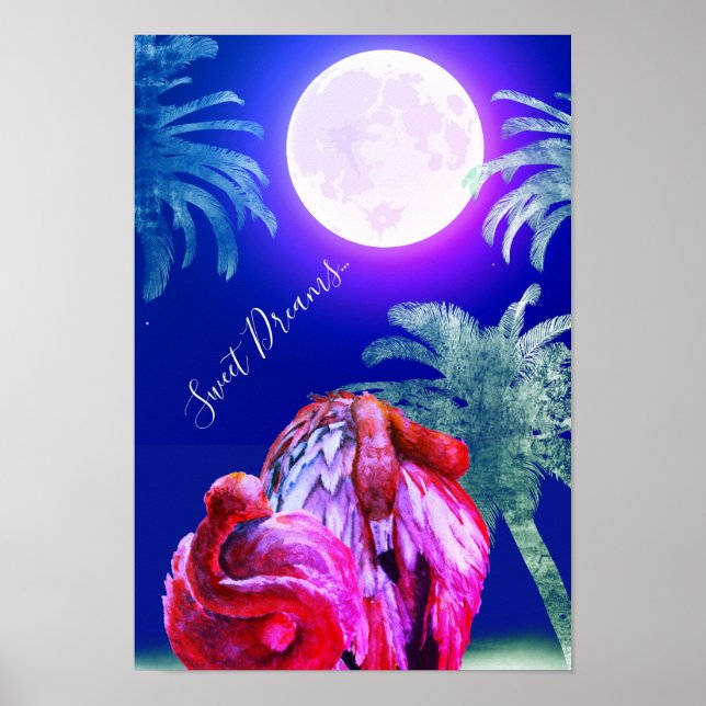 Sweet Dreams Tropical Flamingos och Rosa Full Moon Poster (Framsidan)