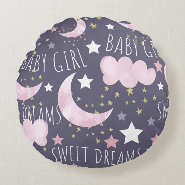Sweet Dreams Watercolor Flicka Nursery Rund Kudde (Framsidan)