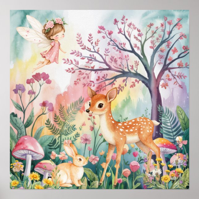 Sweet Dreams Woodland Deer & Rabbits Nursery  Poster (Framsidan)