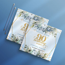 Sweet Dusty Blue Floral Frame 90Birthday Sign In Gästböcker