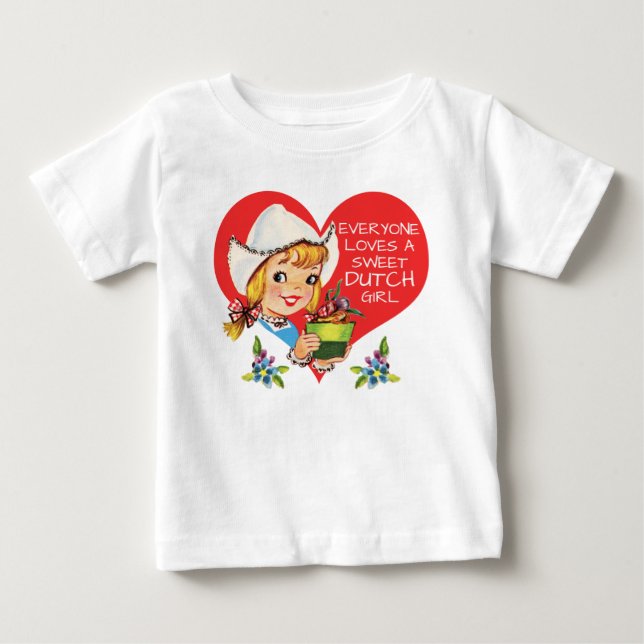 Sweet Dutch Girl Vintage Tulips Meisje & Heart Tee Shirt (Framsida)