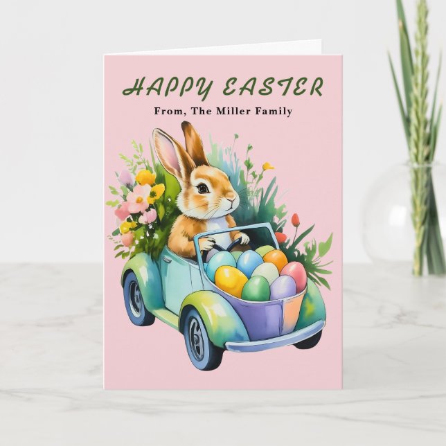 Sweet Easter Bunny Driving Eggs Greeting Card Helgkort (Framsida)