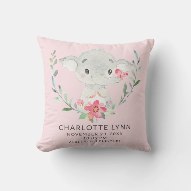 Sweet Elephant Baby Birth Stats Pillow Kudde (Framsida)