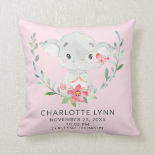 Sweet Elephant Baby Birth Stats Pillow Kudde