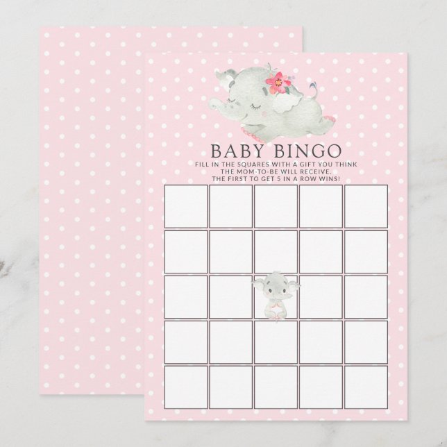 Sweet Elephant BINGO Baby Shower Game Inbjudningar (Fram/baksida)