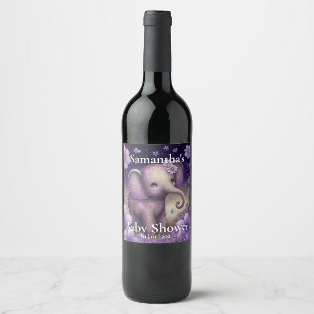 Sweet Elephant lila Baby dusch Vin etikett (Framsida)