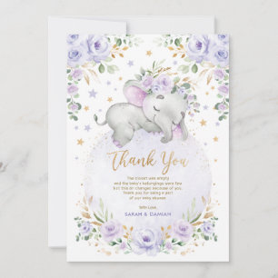 Sweet Elephant  Lila Måne Stars Baby Shower Tack Kort