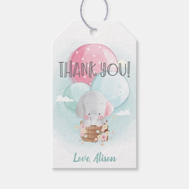 Sweet Elephant Neutralt Baby Shower Tack Presentetikett (Framsidan)