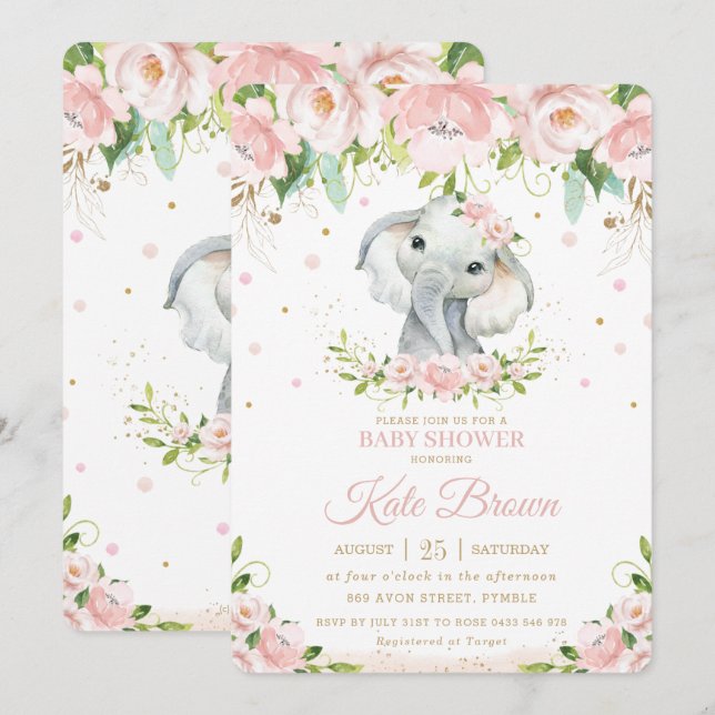 Sweet Elephant  Rosa Blommigt Guld Baby Shower Inbjudningar (Fram/baksida)