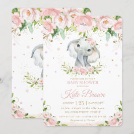 Sweet Elephant  Rosa Blommigt Guld Baby Shower Inbjudningar