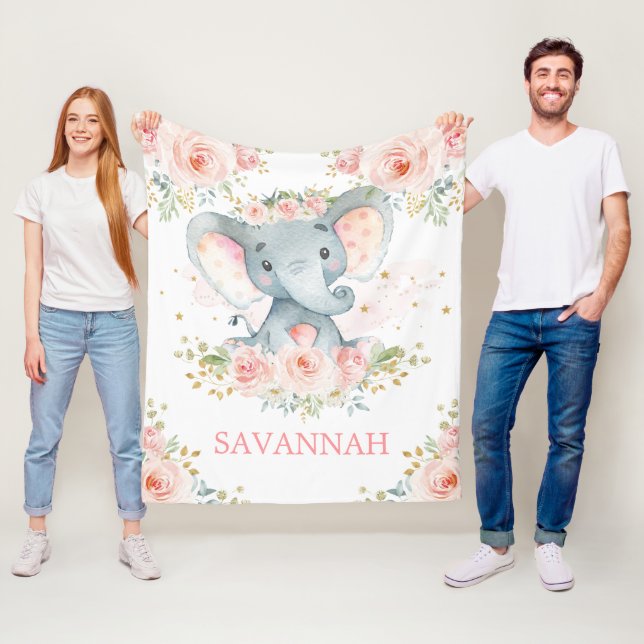 Sweet Elephant  Rosa Blommigt Jungle Flicka Fleecefilt (På plats)