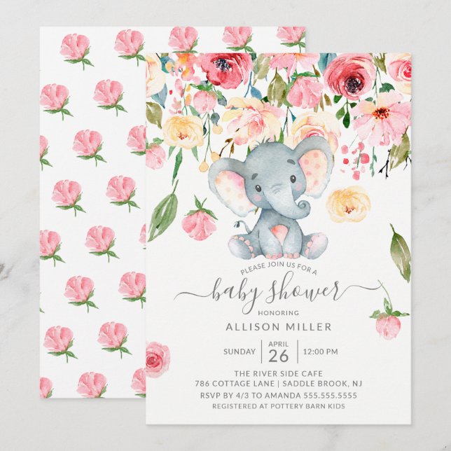 Sweet Elephant Rosa Peonies Baby Shower Inbjudningar (Fram/baksida)
