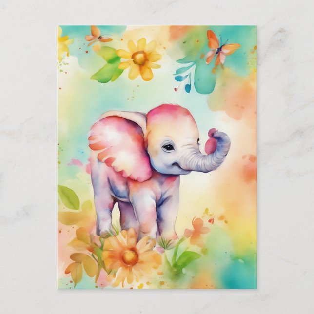 Sweet Elephant Watercolor Vykort (Framsida)
