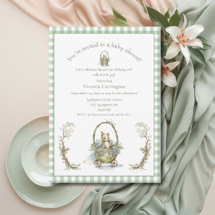 Sweet Fairytale Animal Grönt Gingham Baby Shower Inbjudningar