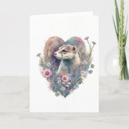 Sweet Ferret med Rosa Flowers för Valentindagen Helgkort