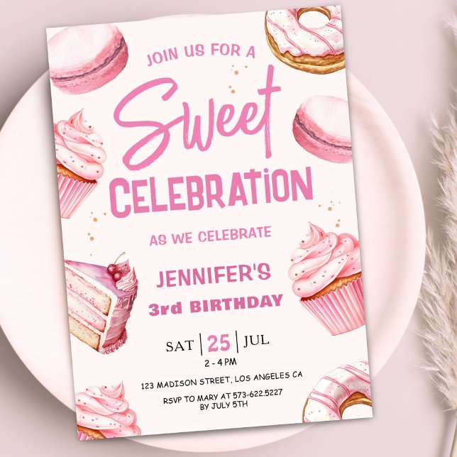 Sweet Firande Donuts Rosa Girl 3 Birthday Inbjudningar (Skapare uppladdad)