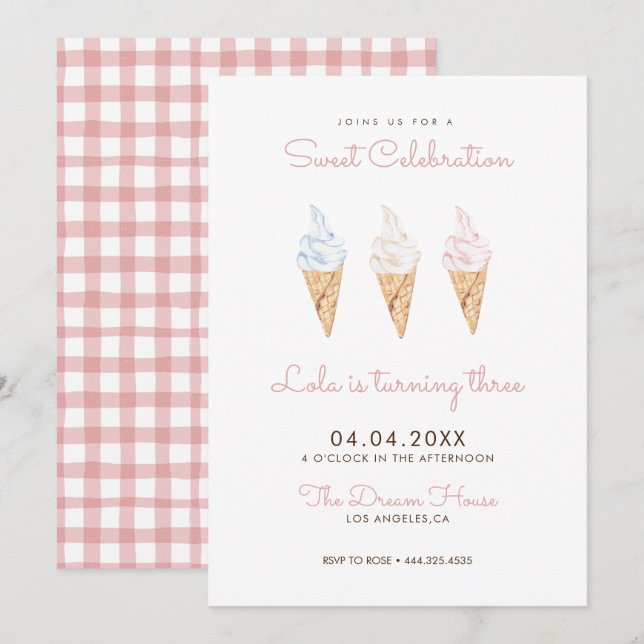 Sweet Firande Ice Cream Rosa Birthday Inbjudningar (Fram/baksida)