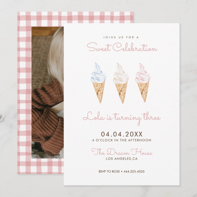 Sweet Firande Ice Cream Rosa Birthday Inbjudningar (Fram/baksida)