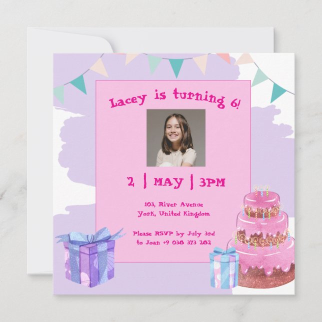 Sweet Firande: Lila Rosa Birthday Investigation Inbjudningar (Framsida)