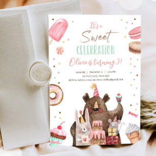 Sweet Firande Party Animals Girl Birthday Inbjudningar