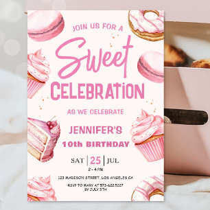 Sweet Firande Rosa Donuts Girl 10:e födelsedagen Inbjudningar