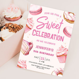 Sweet Firande Rosa Donuts Girl Femte födelsedagen Inbjudningar
