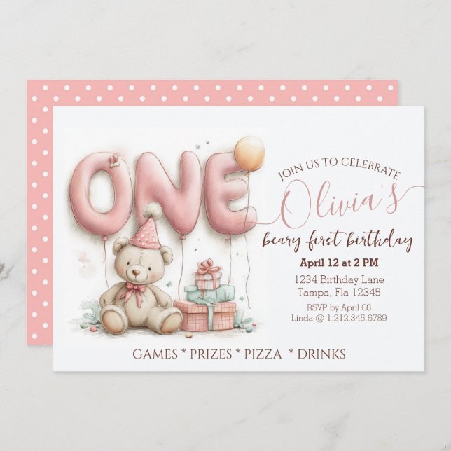 Sweet First Birthday Invitation with Teddy Bear  Inbjudningar (Fram/baksida)