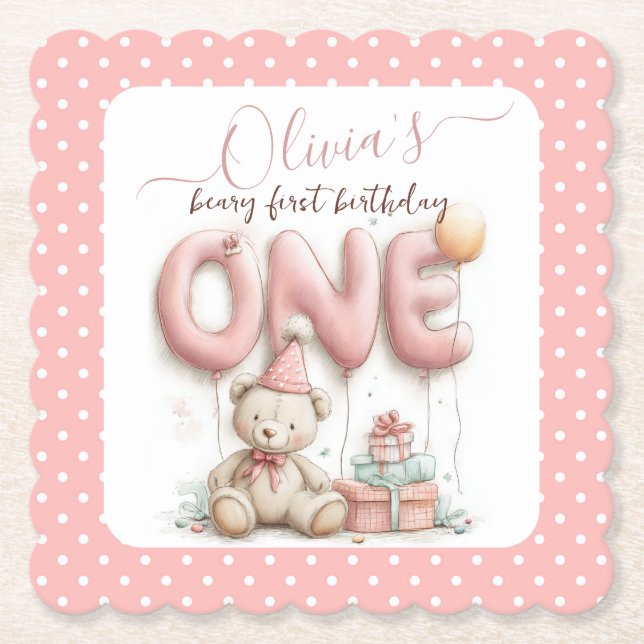 Sweet First Birthday with Teddy Bear  Underlägg Papper (Framsida)